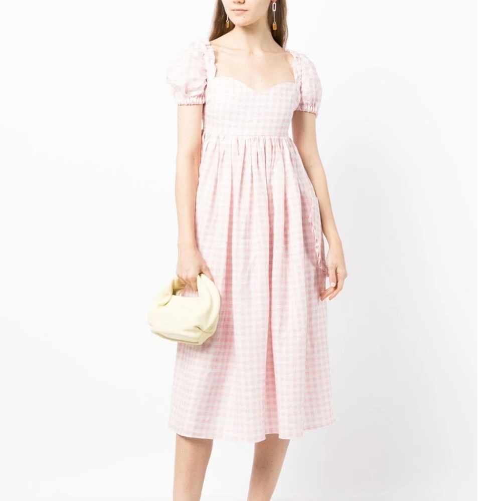 Sleeper Gingham Plaid Print Pink White Linen A-Line Rufflef Front Pockets Size L